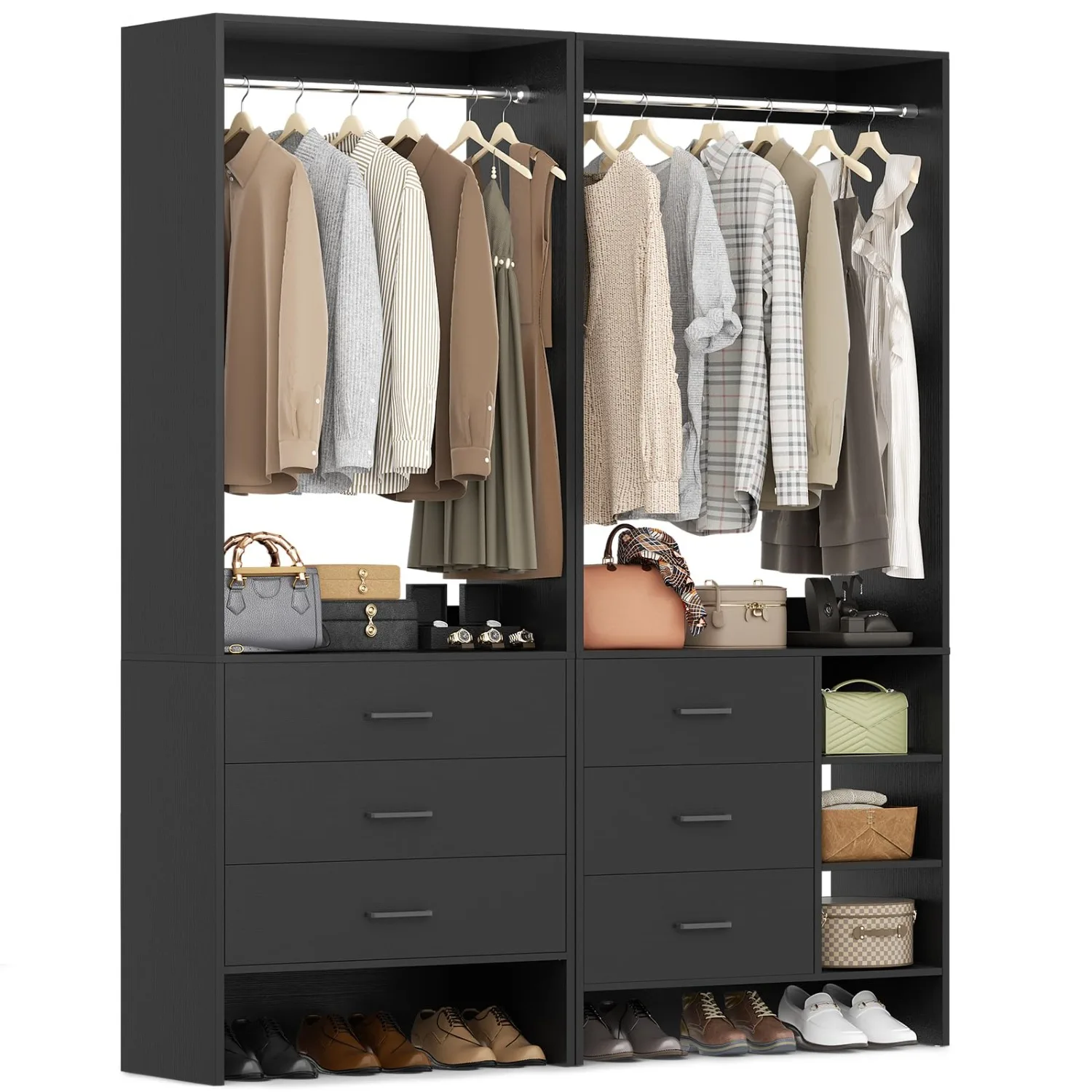 Closet System with 6 Drawers, 4.3ft, Set of 2, Set of 2, Black