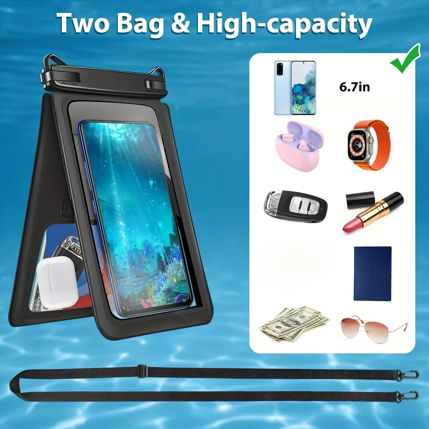 Kantong Ponsel Tahan Air untuk Berenang, Berselancar & Menyelam - Kotak Ruang Ganda Besar