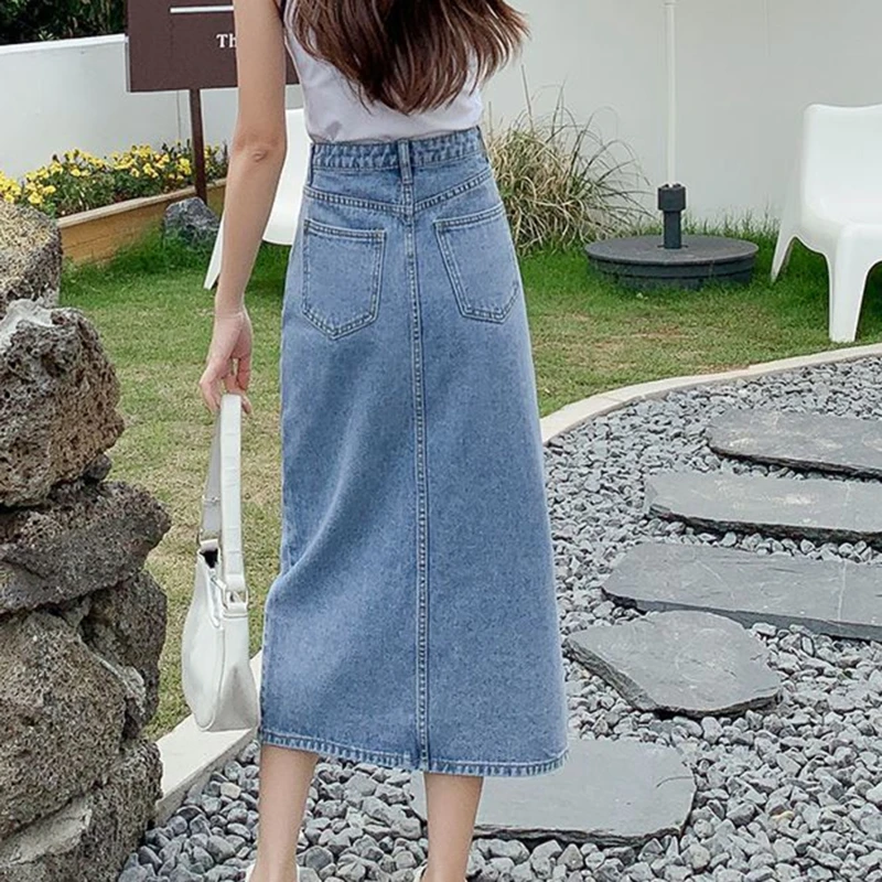 Vrouwen Split Lange Denim Rokken Zomer Hoge Taille Denim Rok Nieuwe Zomer A-Lijn Rok Met Omwikkelde Billen Rok Peervormig