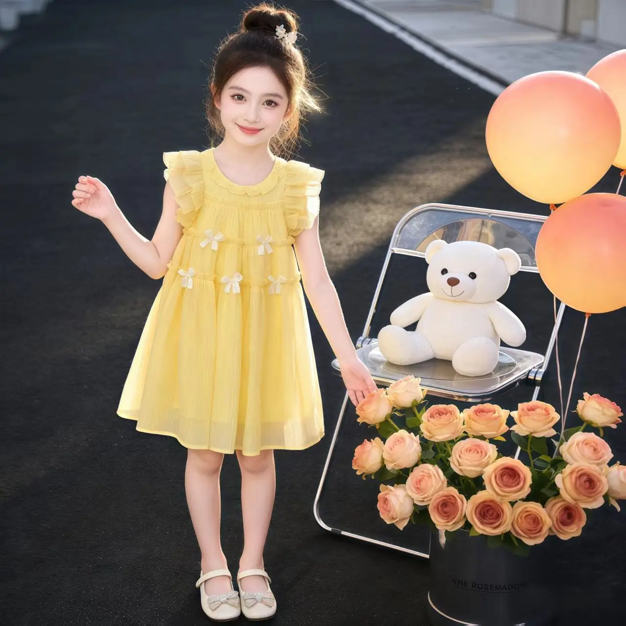 

Girls' Bow Dress Ruffled Flutter-Sleeve Princess Dress Summer Beach Dress 2026 New Kids' Fashion Children's Girls' Dresses