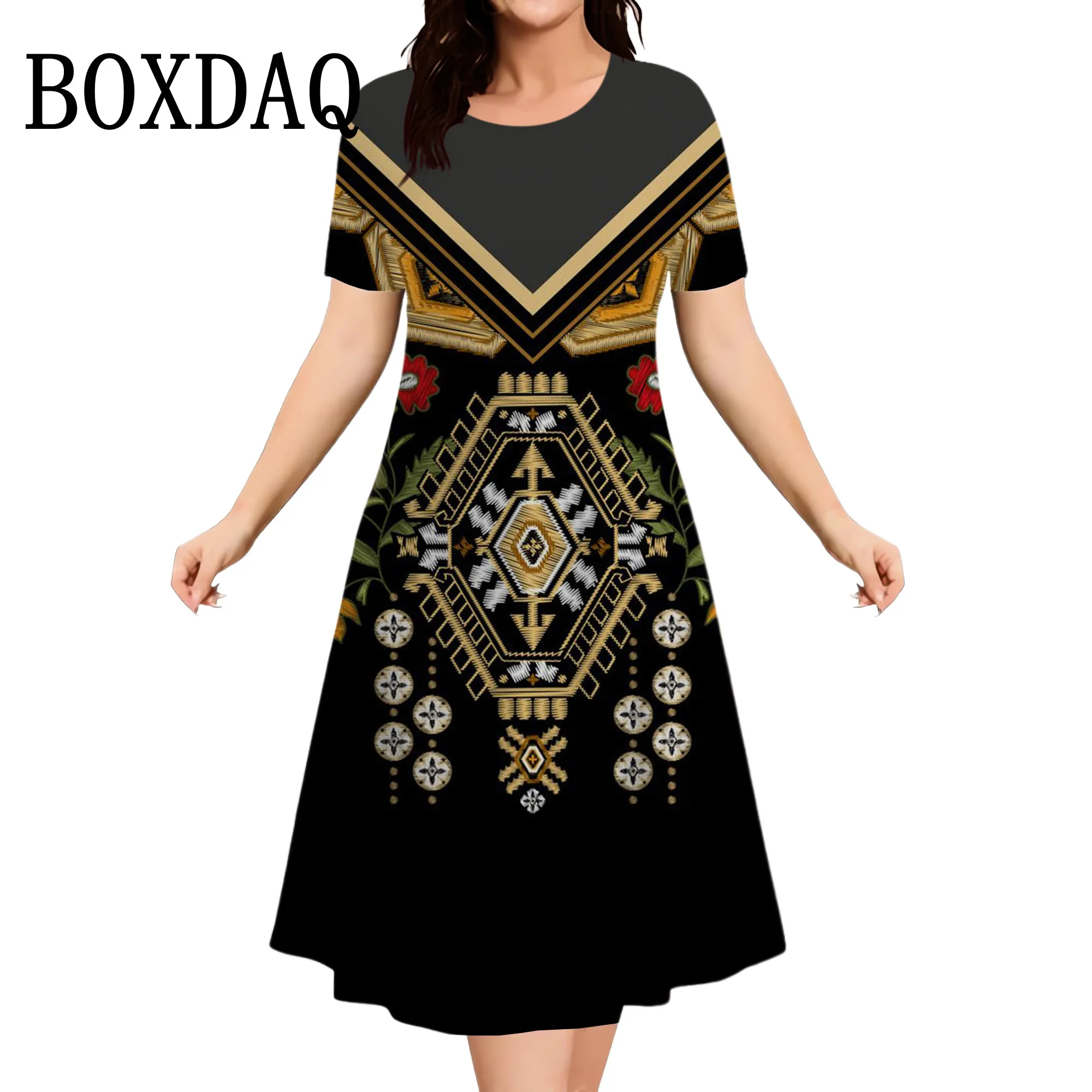 Bohemian Print Elegant Ethnic Style Women Dress Fashion Plus Size Loose Dress Summer Vintage Trend Women's Short Sleeve Dresses