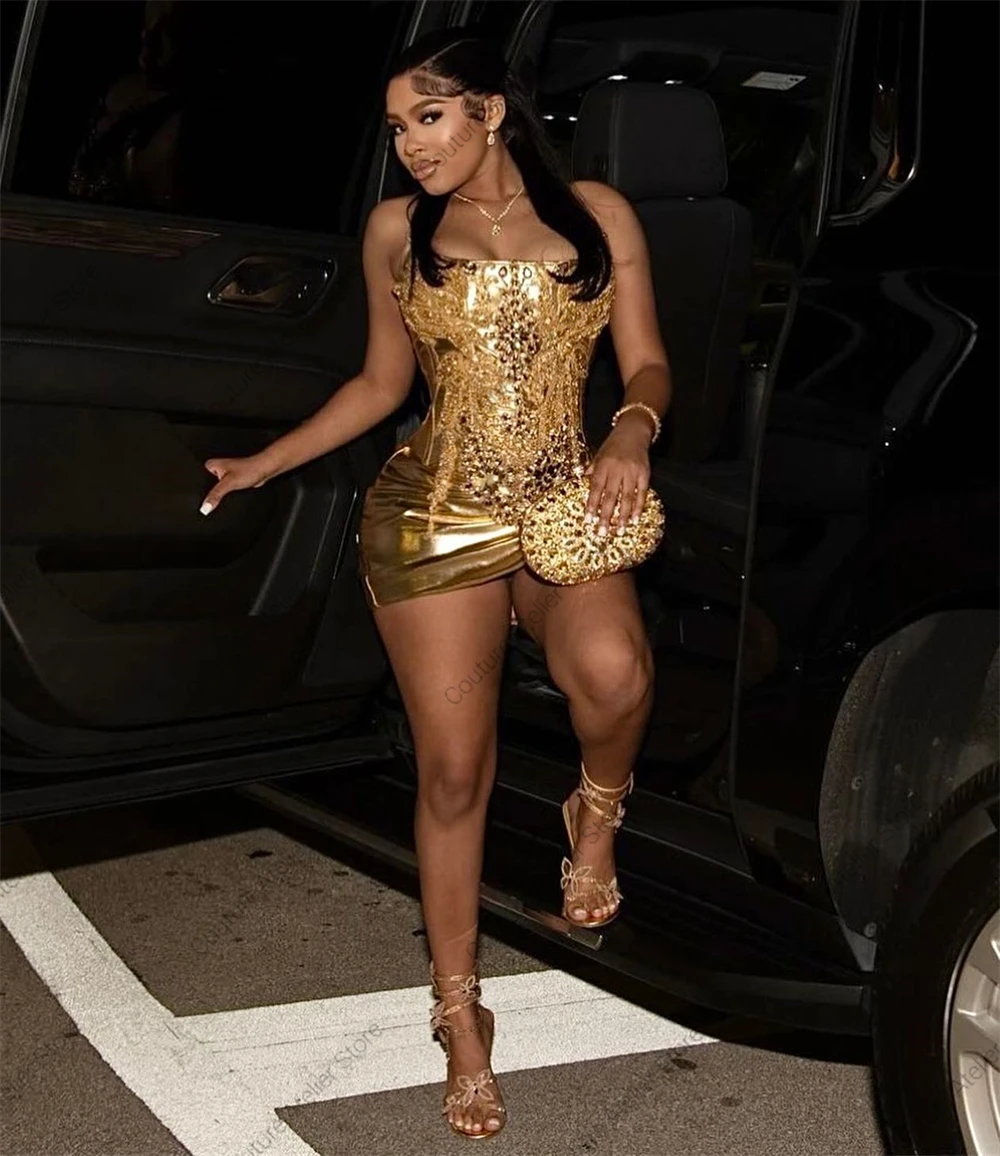 Fancy Gold Strapless Mini Cocktail Prom Dresses 2025 Beaded Rhinestones Homecoming Dress Black Girls Birthday Party Customized image 2