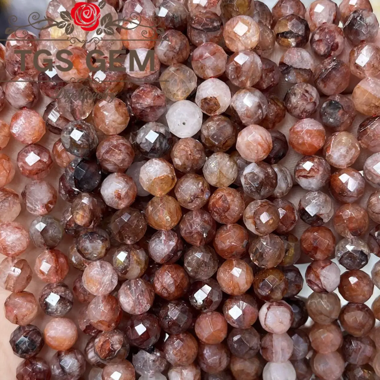 

Factory Engraved hard cut round bead natural AAA Red flower stone Mausoleum pattern small cut scattered beads DIY jewelry