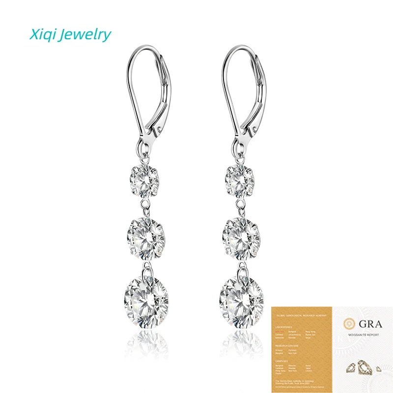 

7-carat Gold-plated Moissanite Pendant Earrings for Women - S925 Silver, inlaid with three sparkling moissanites, featuring an e