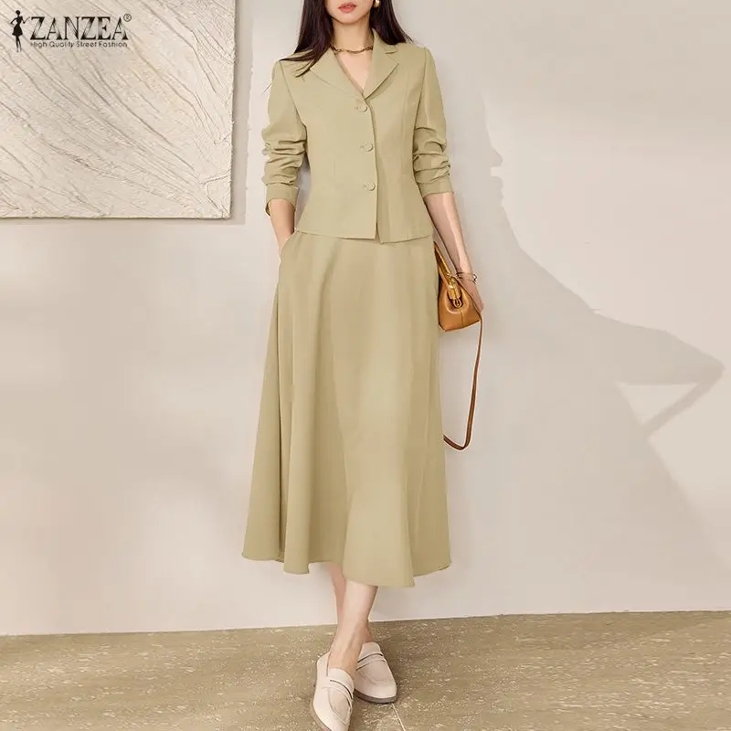 

2026 ZANZEA Spring 2 Pieces Sets Stylish Solid OL Outfits Lapel Neck Long Sleeve Shirt A Line Skirt Suit Women Office Dress Sets