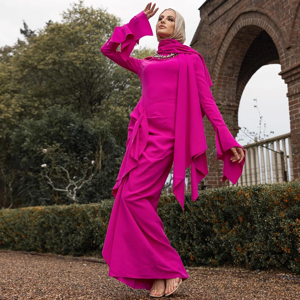 

Fuchsia Muslim Elegant Party Dresses Woman Jersey Ruffles Pleat Evening Dress Column&Sheath High Collar Long Dress