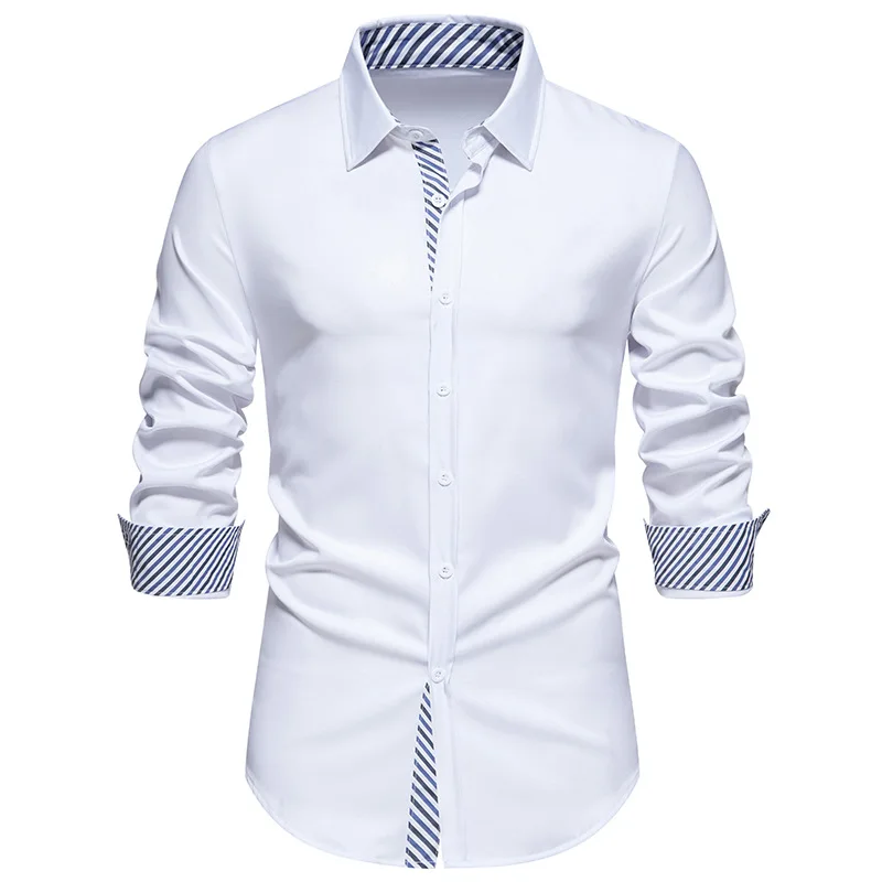 

Men's Formal Long Sleeve Dress Shirts Stripe Patchwork Business Workplace Office Shirts Wedding Dinner Banquet Chemises Hombre