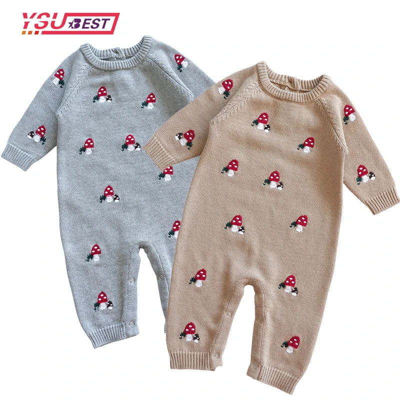 Autumn Baby Knit Rompers Embroidery Mushroom Clothing Newborn Boys Girl Knit Sweaters Jumpsuits Winter Toddler Outfits One Piece