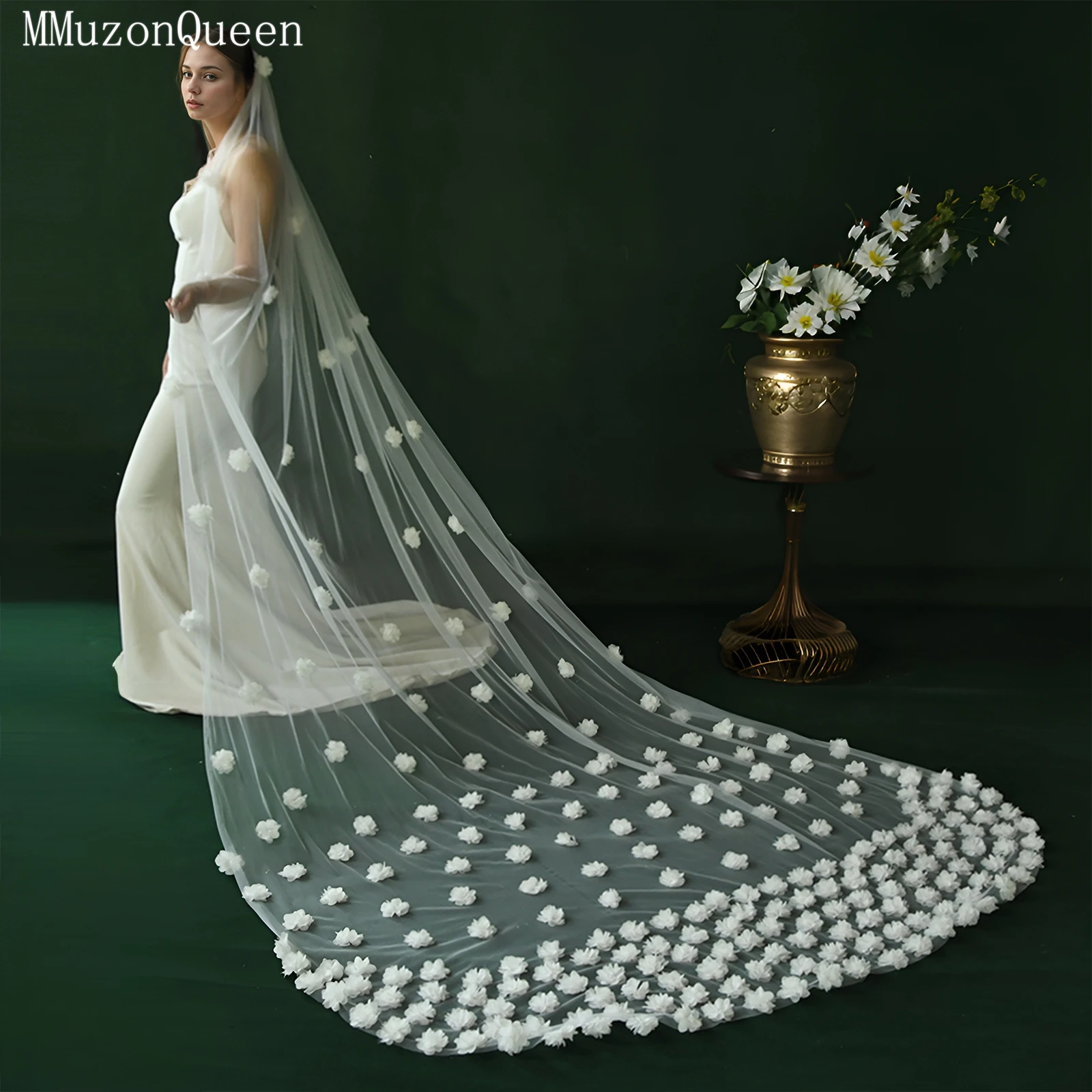 

MmqLong White Bridal Veil, Embellished With Handmade Flowers, Pearls, And Ribbon, Can Be Customized As A Haircomb Accessory M177