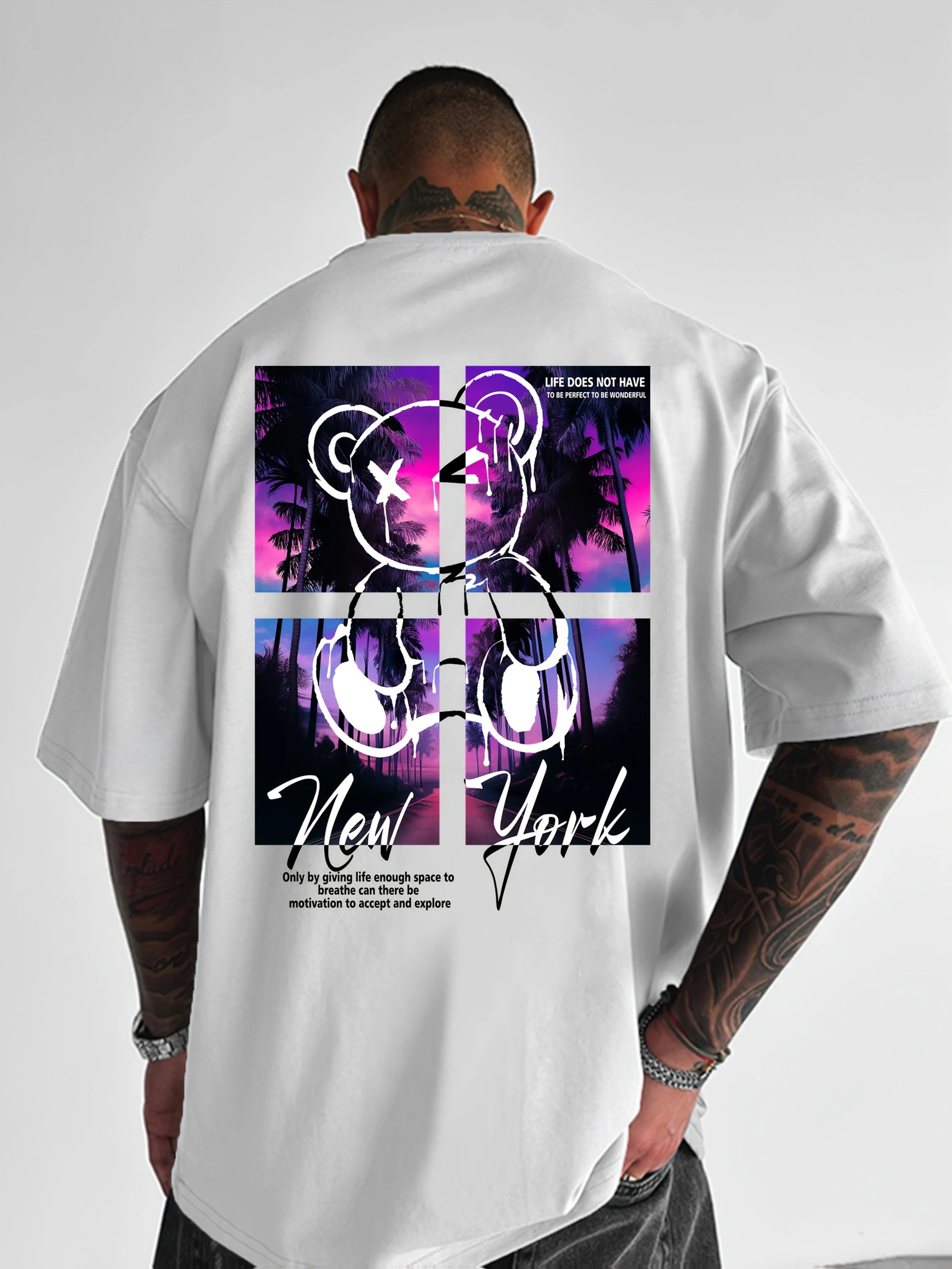 Camiseta de Hombre con Estampado de Osos de Peluche y Atardecer en Nueva York, 100% Algodón Suave Premium, Perfecta para un Estilo Casual de Verano