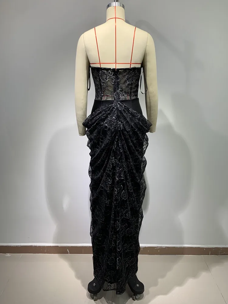 Women Celebrity Sexy Strapless Backless Ruffles Black Maxi Long Bodycon Dress 2024 Elegant Evening Party Club Dress Vestido