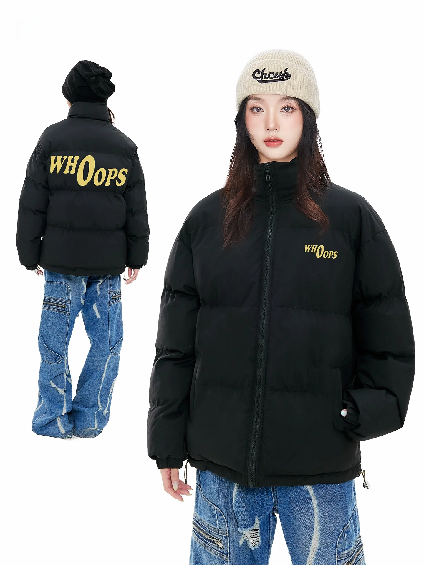 

Whoops American Retro Letter Print Winter New Cotton Bread Coat ort Loose down Outerwear Women's Commute Sle Thiened Zi...