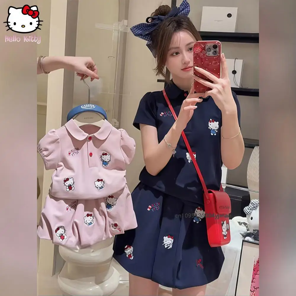 

Kawaii Hello Kitty мультфильм Sanrios комплект рубашек поло для родителей и детей с коротким рукавом милое аниме модное летнее платье футболка комплект брюков