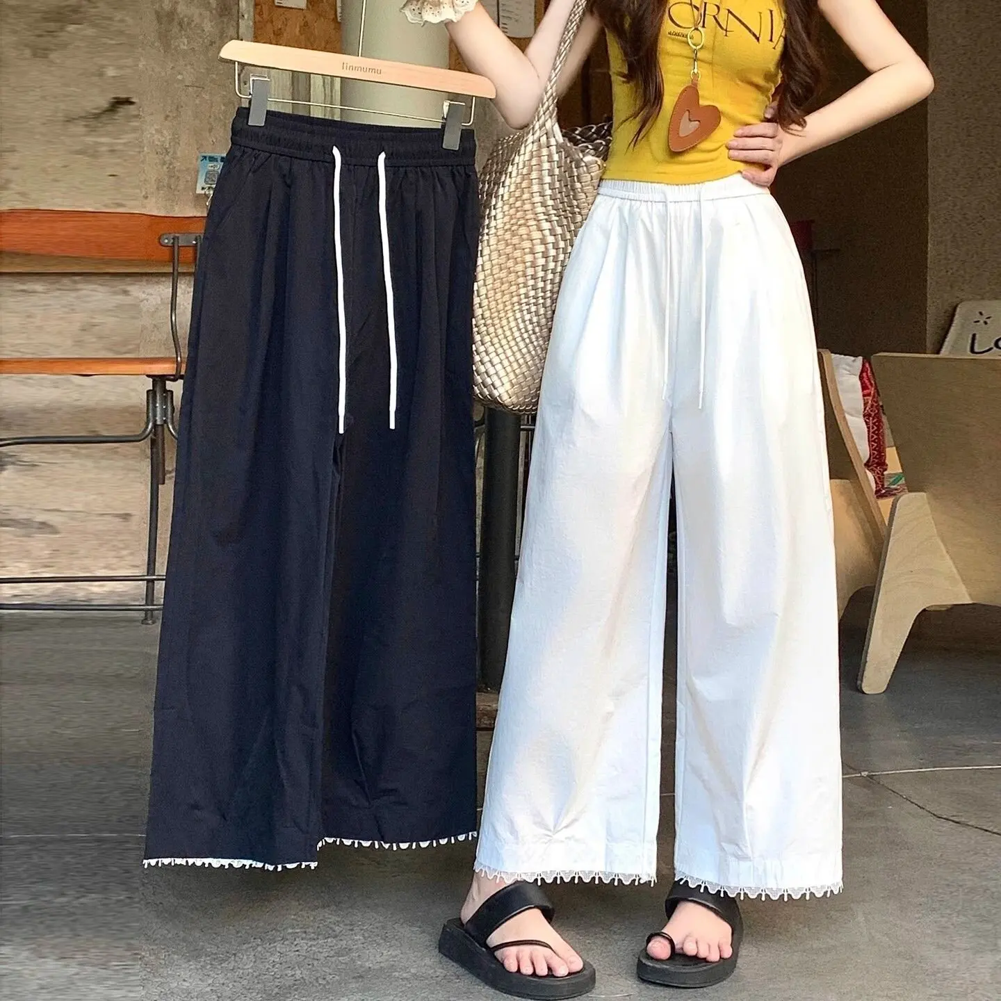 

Lace Trim Wide Leg Pants Women's Summer Thin Small High Waist Slim Loose Drapey Straight Nine Casual Pants Korean Style