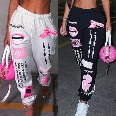Exaggerated Print Fashionable Elastic Waist Sports Loose Casual Harem Long Trousers Women's 2024 New Cross-Border Item