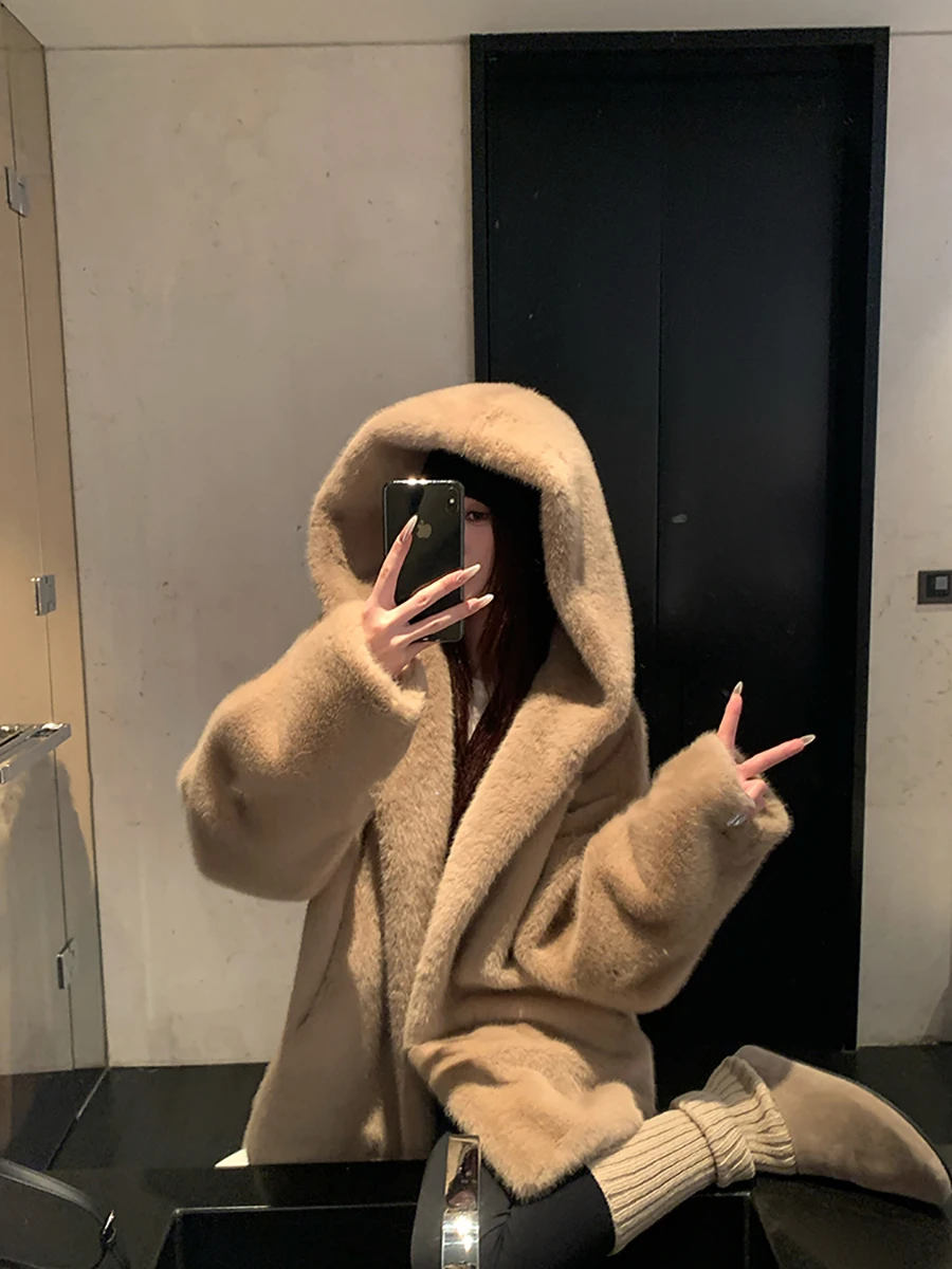 

Women's Thiened Hooded Mink Fur Jaet Korean Sle Warmth Outerwear Long Sve Side S ket Straight Hem Design