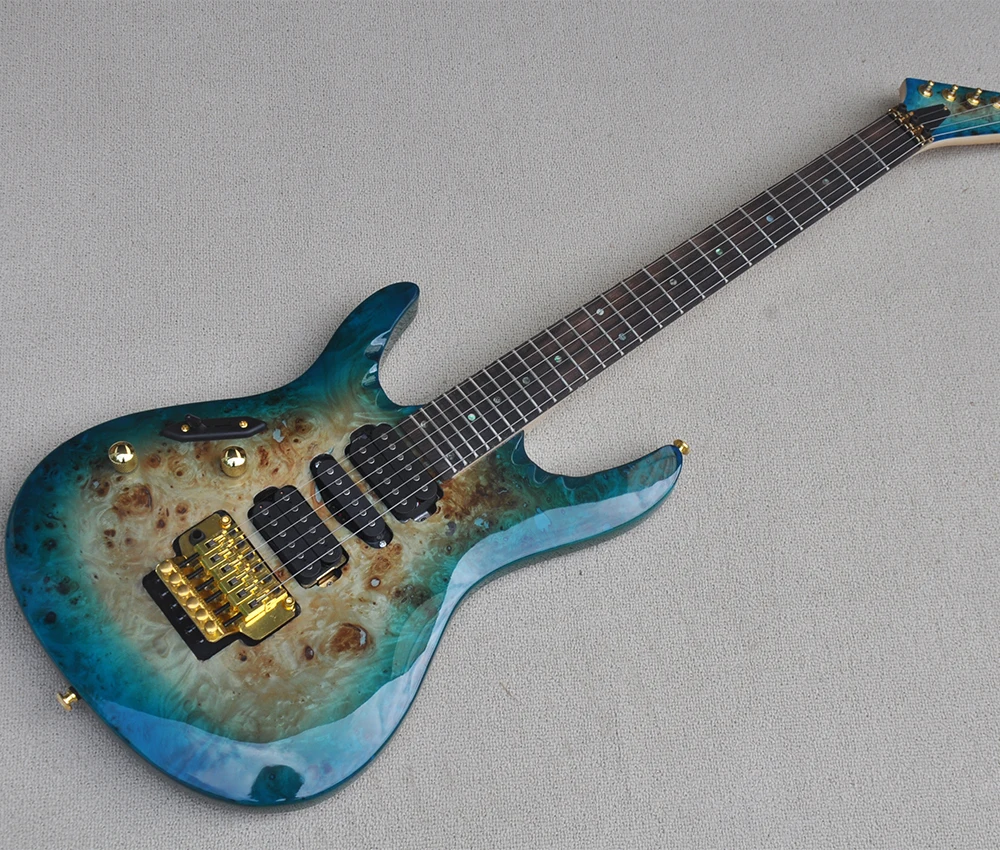 Left Hand 6 Strings Blue Electric Guitar with Treomolo Bar,Burl Maple Veneer,Abalone Inlay