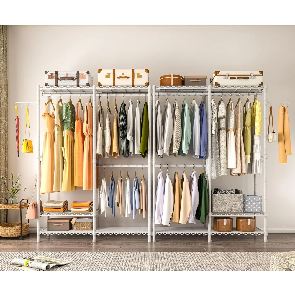 Heavy Duty Garment Rack, Metal Closet Organizers and Storage Clothing Racks 3 Tiers Adjustable Wire Shelving with 2 Hanger Rods