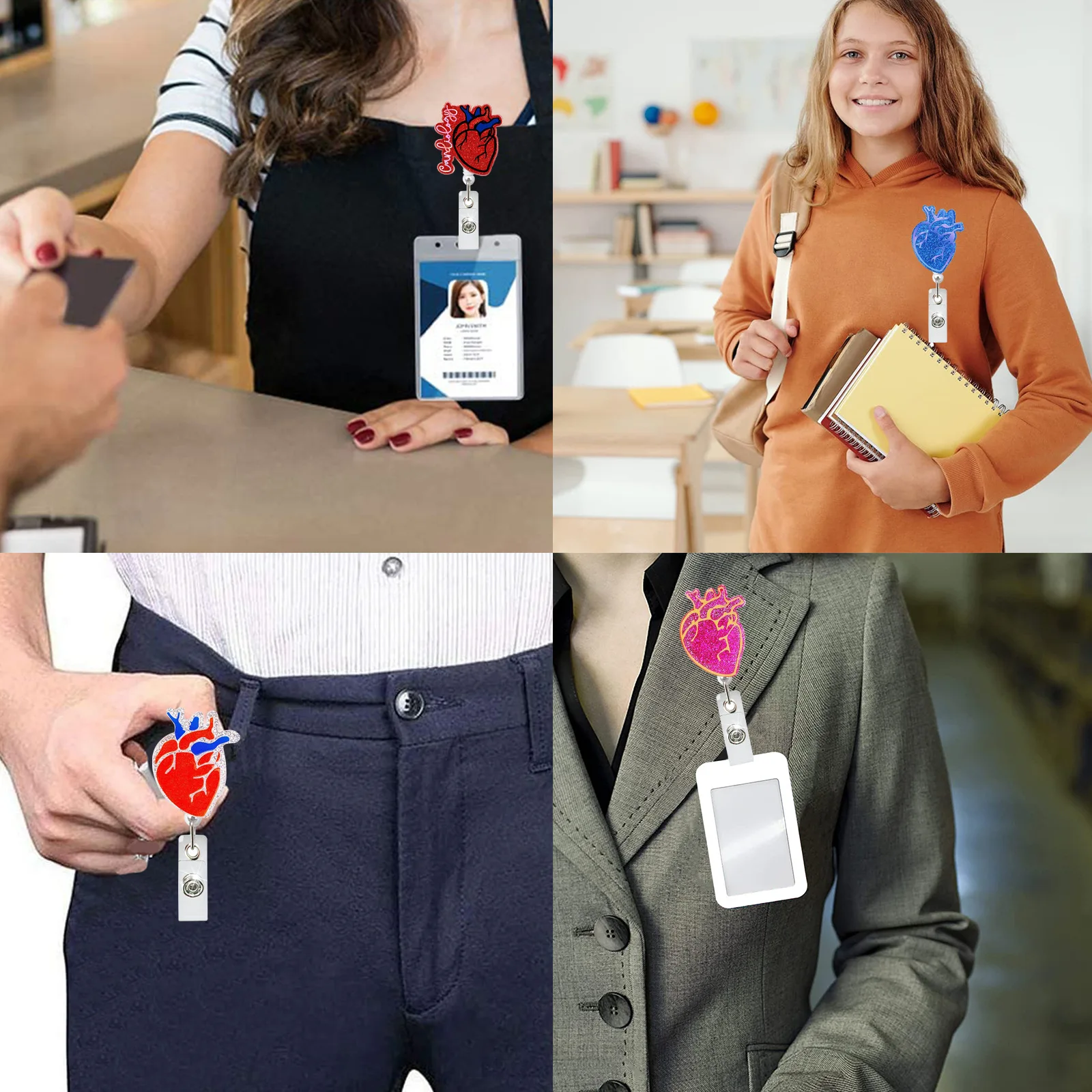 Акриловая блестящая легко тянущаяся пряжка в форме сердца для врачей и медсестер, студентов, выставочные зажимы для Id-карт, держатель для бейджа, телескопический бейдж, катушка