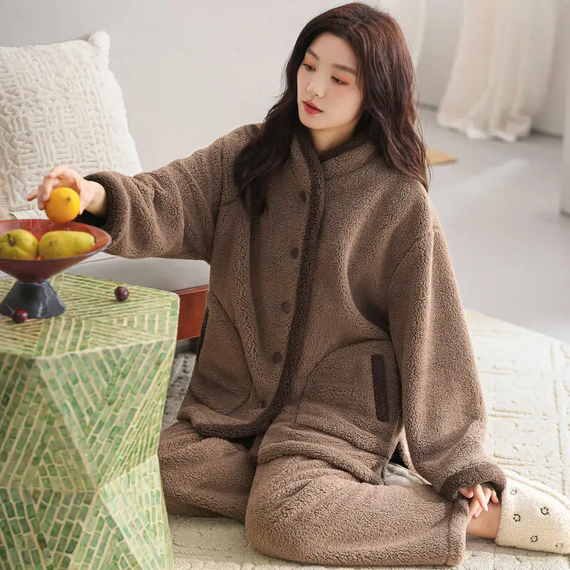 

Осенне-зимние студенческие пижамы для девочек, домашняя одежда из кораллового флиса, утепленная фланелевая женская одежда для сна, теплый плюшевый комплект, ночная рубашка, верхняя одежда