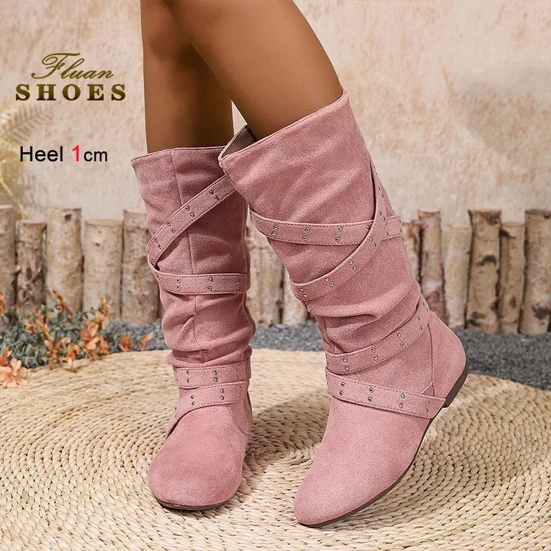 

New Fashion Women's Knee Length Boots Pink Rivet Side Zipper Daily Flat Sole Shoes Large Size Casual Mid-calf Boots Lady Shoes