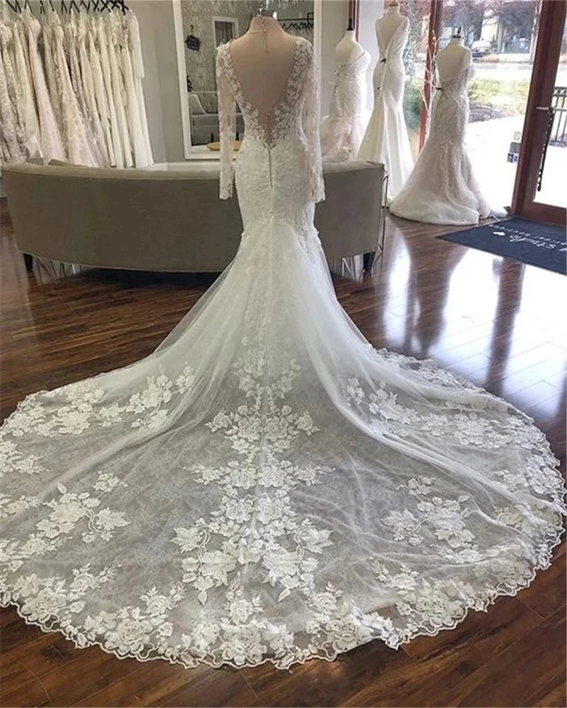 Vestido De Noiva Abito da sposa a sirena 2025 Manica lunga in pizzo trasparente con scollo a V Abito da sposa sexy senza schienale Robe De Mariee