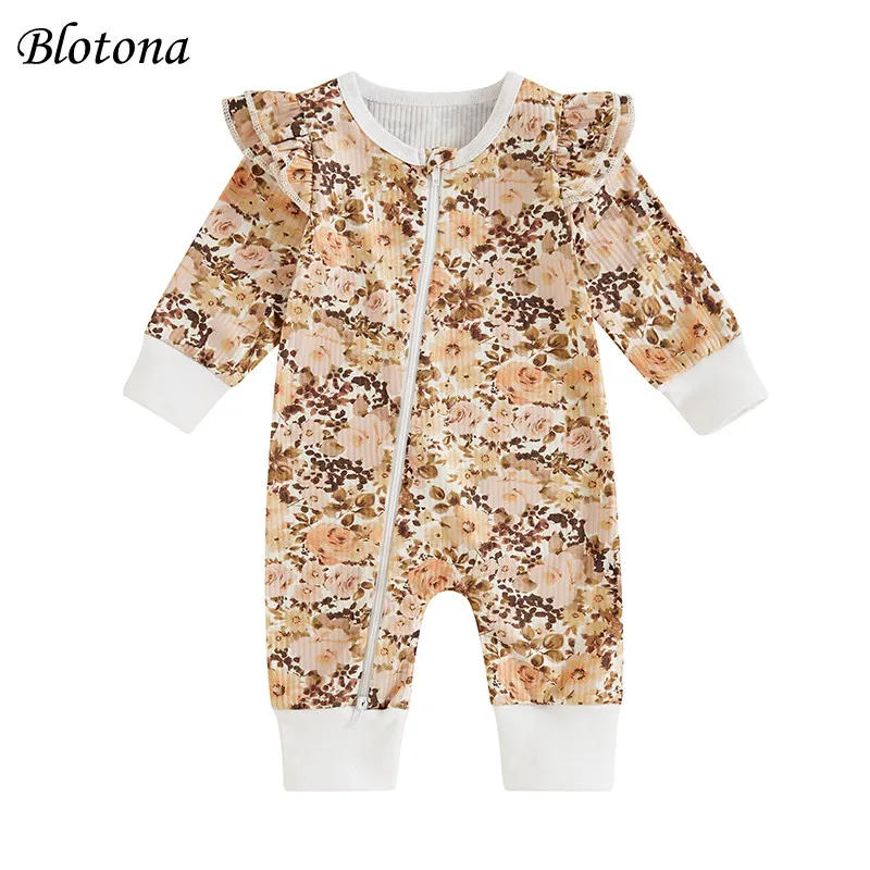 

Blotona Baby Boy Girl Jumpsuit Ruffle Long Sleeve Round Neck Floral Print Oblique Zipper Romper Infant Spring Fall Outfit