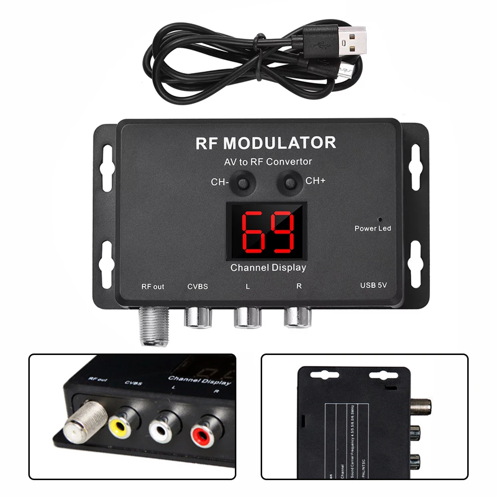 جهاز تعديل RF للتلفزيون المنزلي M60 متوافق مع مصادر A/V مزود طاقة USB PAL/NTSC نطاق التردد 471 25 ميجا هرتز 885 25 ميجا هرتز