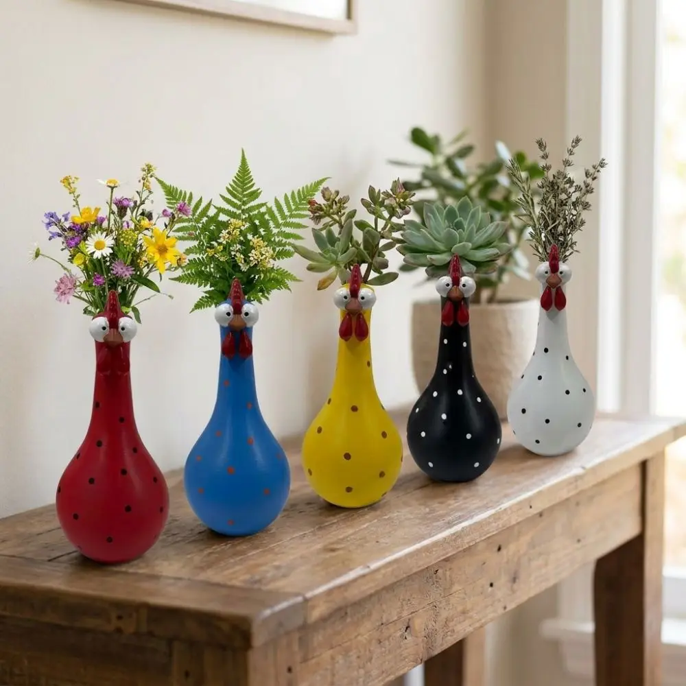 Colorful Dot Long Neck Chicken Vases Resin Art Cartoon Rooster Sculpture Vase Smooth Waterproof Lifelike Flower Arrangement Vase