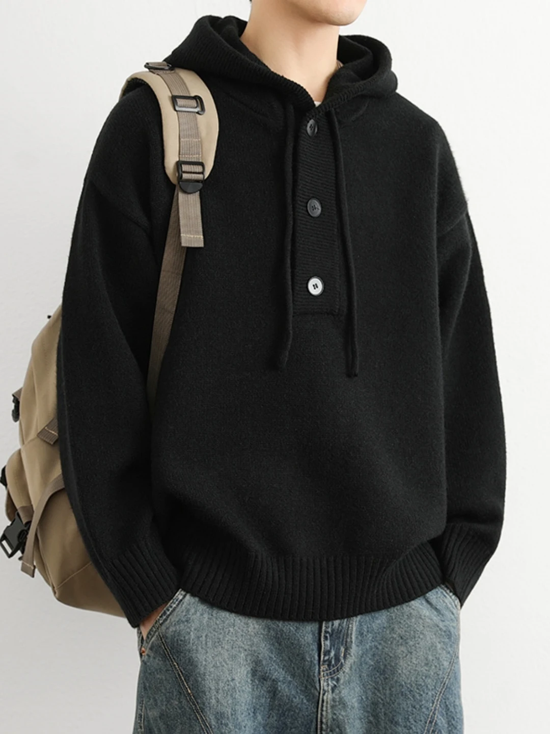 

Men's Thiened Hoodie Sweater Casual Loose Fit Autumn Winter Knitted Long Sve irt Button Detail Soft Polyester Blend