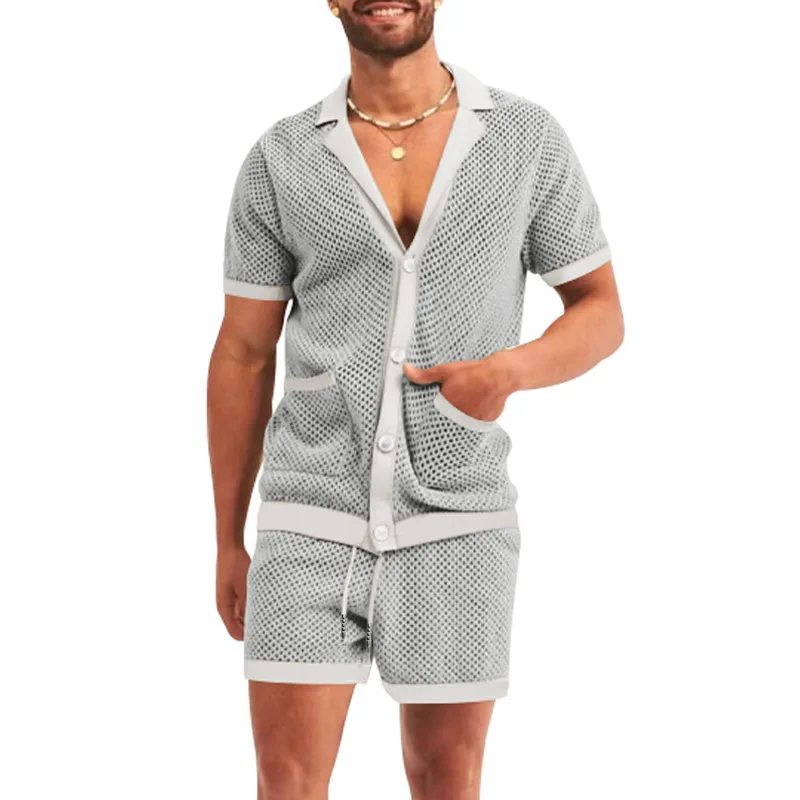 2026 Sommer Herren Ausgehöhltes Dünnes Zweiteiler-Set: Kühles, Atmungsaktives Kurzarm-Oberteil mit Passenden Shorts – Lässiges Alltagsoutfit im lockeren Schnitt – Detail 38