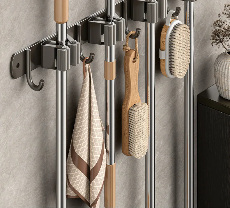 Edelstahl Wandmontierter Mopphalter Organizer mit Haken Bohrfreie Badezimmer-Besen-Aufbewahrungsklammer Robuste Halterung – Detail 20