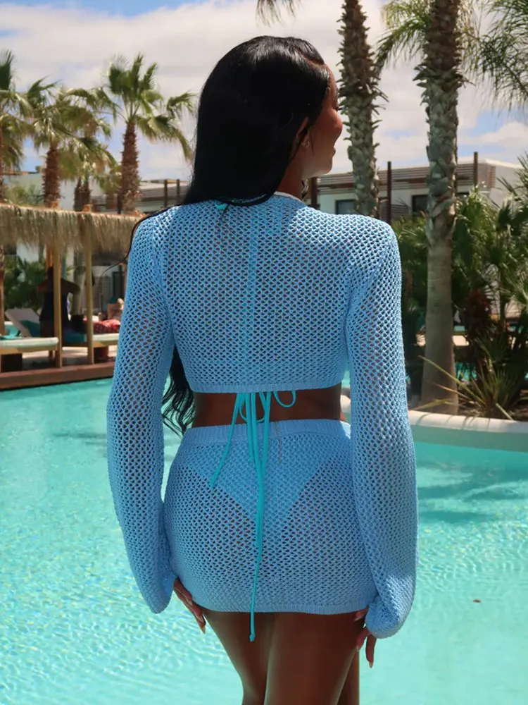 2024 Fashion Lemon Knit Hollow Out Long Sleeves Top Skirts Set Women\'s Chic Beachwear Women Holiday Casual 2 Pieces Set S21