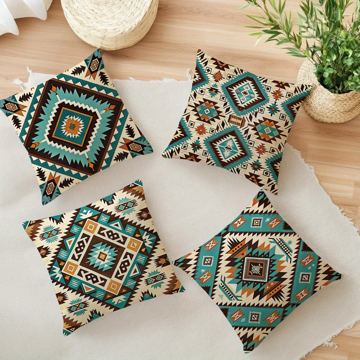 1pc Navajo Tribal Pattern Decorative Pillowcase, 2D Double Sided Print Polyester Cushion Cover, Boho Geometric Home Accent Pillo