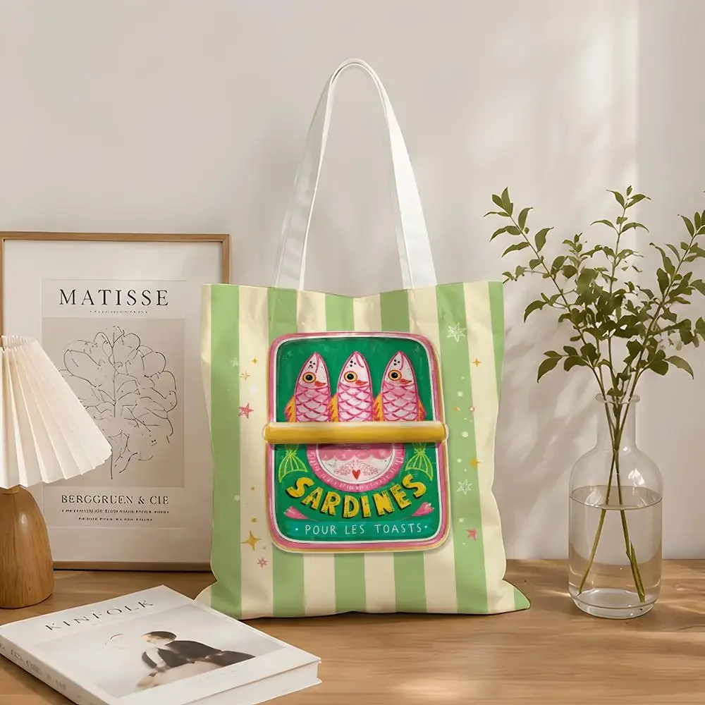 Retro Food Illustration Pattern Canned Sardines Ins Storage Bags Canvas tote bag commuting Shopping