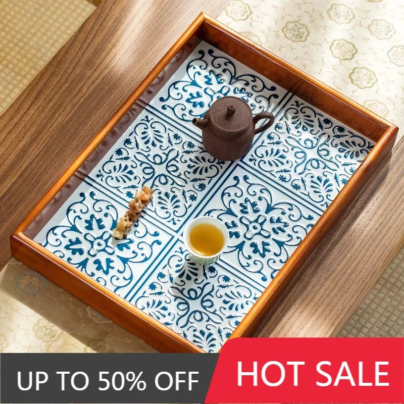 Solid Wood Tea Tray Desktop Luxury Chinese Rectangular Storage Trays Minimalist Teaware Vintage Wooden Salver Home Decoration