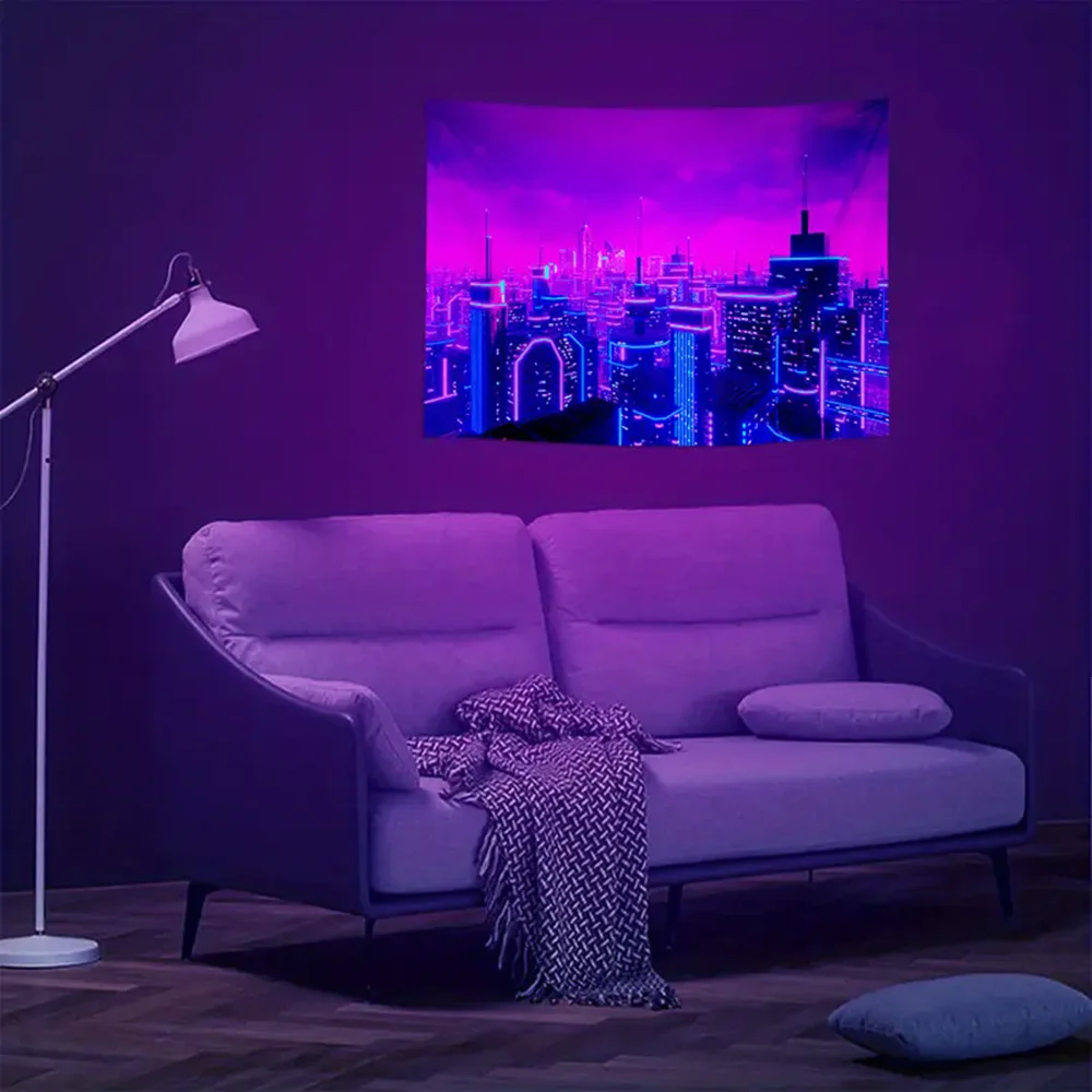 UV Reactive Punk City Fluorescent Tapestry BlackLight City Night Wall Hanging For Living Room Bedroom Japan Cityscape Home Decor