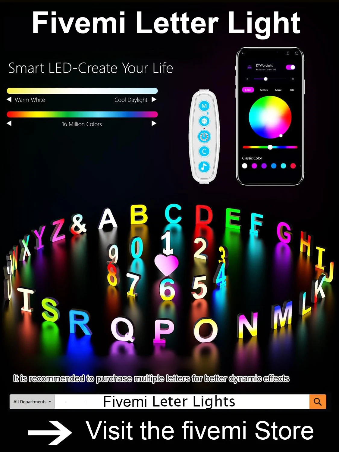 FIVEMI Alphabet Led Night Light Letter Colorful with Smart APP Music Sync Sign Light for Boy Girl Kids Gift Decor Light Letter V