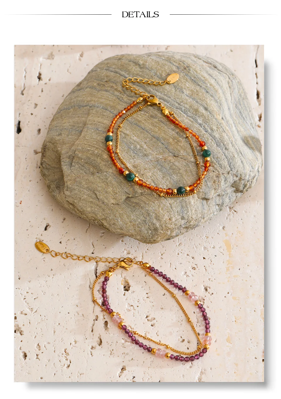 Yhpup Neuheiten Handgefertigter Schmuck Erdbeerquarz Beryll ‌ Kristallperlen-Ketten Stapelarmband Armreif PVD-Beschichtet – Detail 8