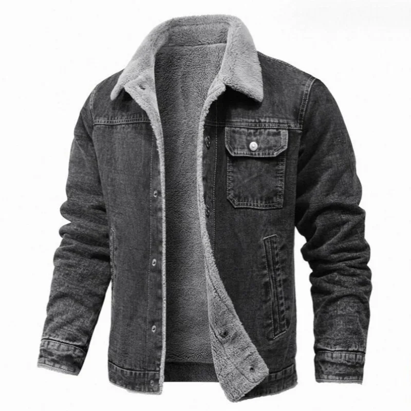 Winter Fashion Men's Jacket Lapel Lamb Hair Thickened Denim Jacket High Quality Casual Tight and Warm Men's Jacket Down Coat