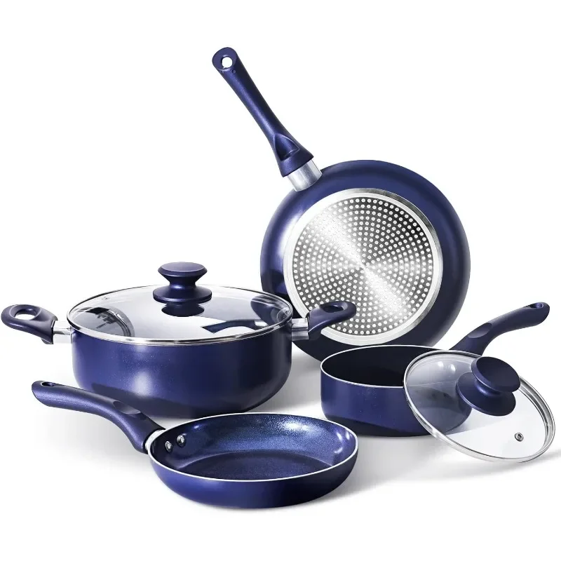 6 Pieces Pots and Pans Set Aluminum Cookware Set Nonstick Ceramic Coating Fry Pan Stockpot with Lid Blue