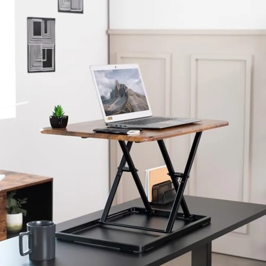 26 in Single Top Standing Desk Converter for home office use, aluminum alloy, matte black, height-adjustable ergonomic design