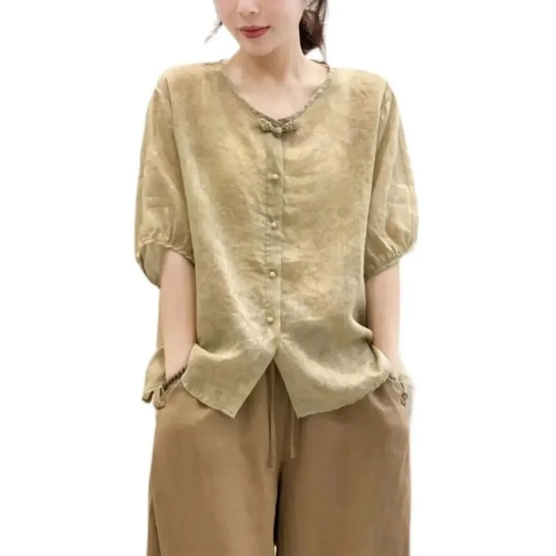 

Women's Vintage Frog Button Linen V-Neck Blouse Loose Casual Summer Top
