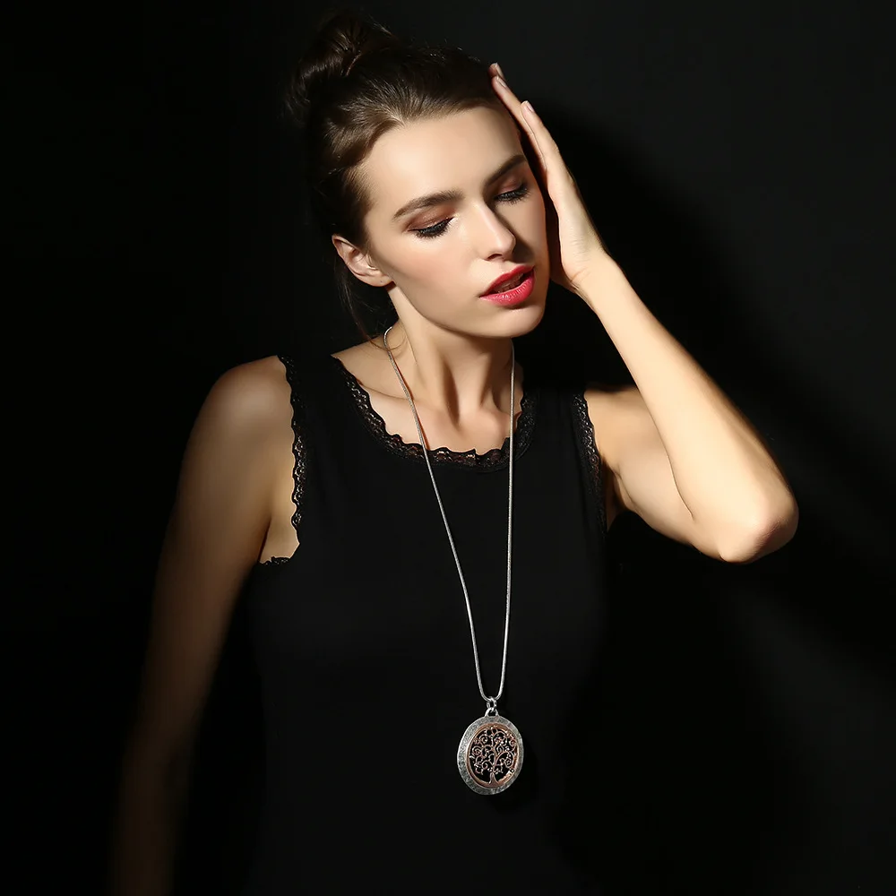Crystal Tree of Life Pendant Necklace Hollow Out Round Long Necklace Pendant Wedding Jewelry for Women