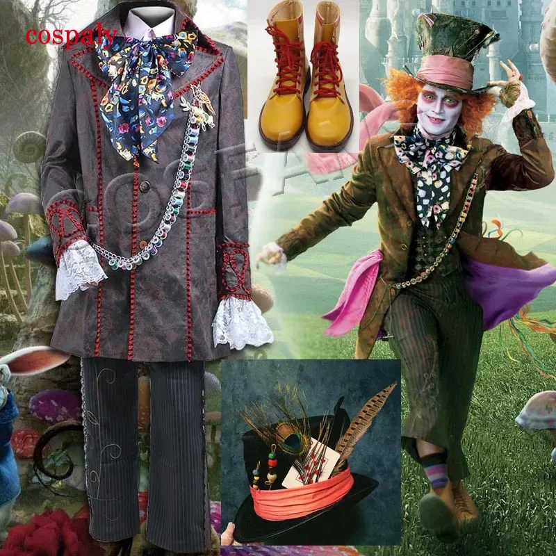 Alice Cosplay Johnny Depp As Mad Hatter Outfit Jacket Pants Tie Halloween Costume For Adult Full Suit Halloween Hat Shoes Props