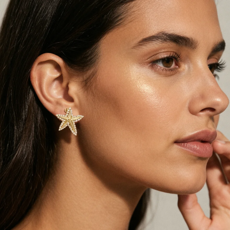 Nidin New Fashion Starfish Stud Earrings For Women Sparkling Cubic Zirconia Summer Beach Nautical Sea Star Ear Jewelry Gifts
