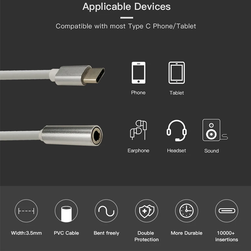 10/5/3PCSNEW Adaptador USB 2 en 1 - Tipo C a 3,5 mm Adaptador de cargador de audio Cable de auriculares