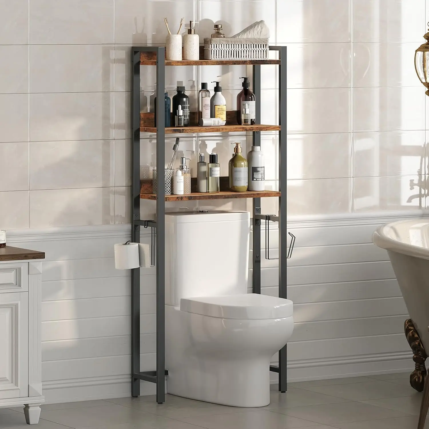 

Over The Toilet Storage Rack, 3 Tier Bathroom Organizer Over Toilet, Freestanding Space Saver Toilet Stand With 2 Hooks,