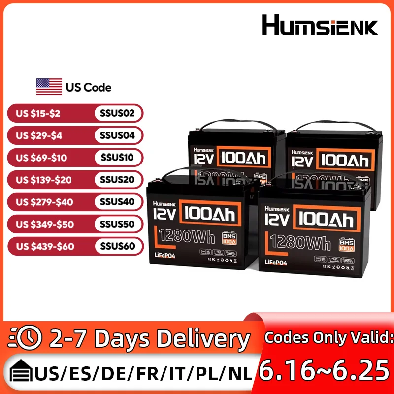 

Humsienk 12V 100AH 4PACKS Lithium Iron Phosphate Battery 100A BMS For Vans/ RV/ Camper/ Marine/ Yacht/ Back-up Power