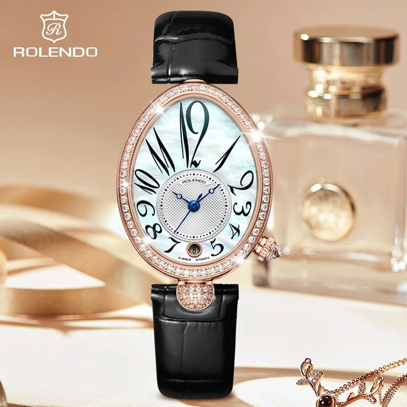 

Автоматические часы ROLENDO с бриллиантовым набором для женщин, перламутровый овальный циферблат, календарь, кожаный ремешок, механизм чайки 3ATM, роскошный подарок
